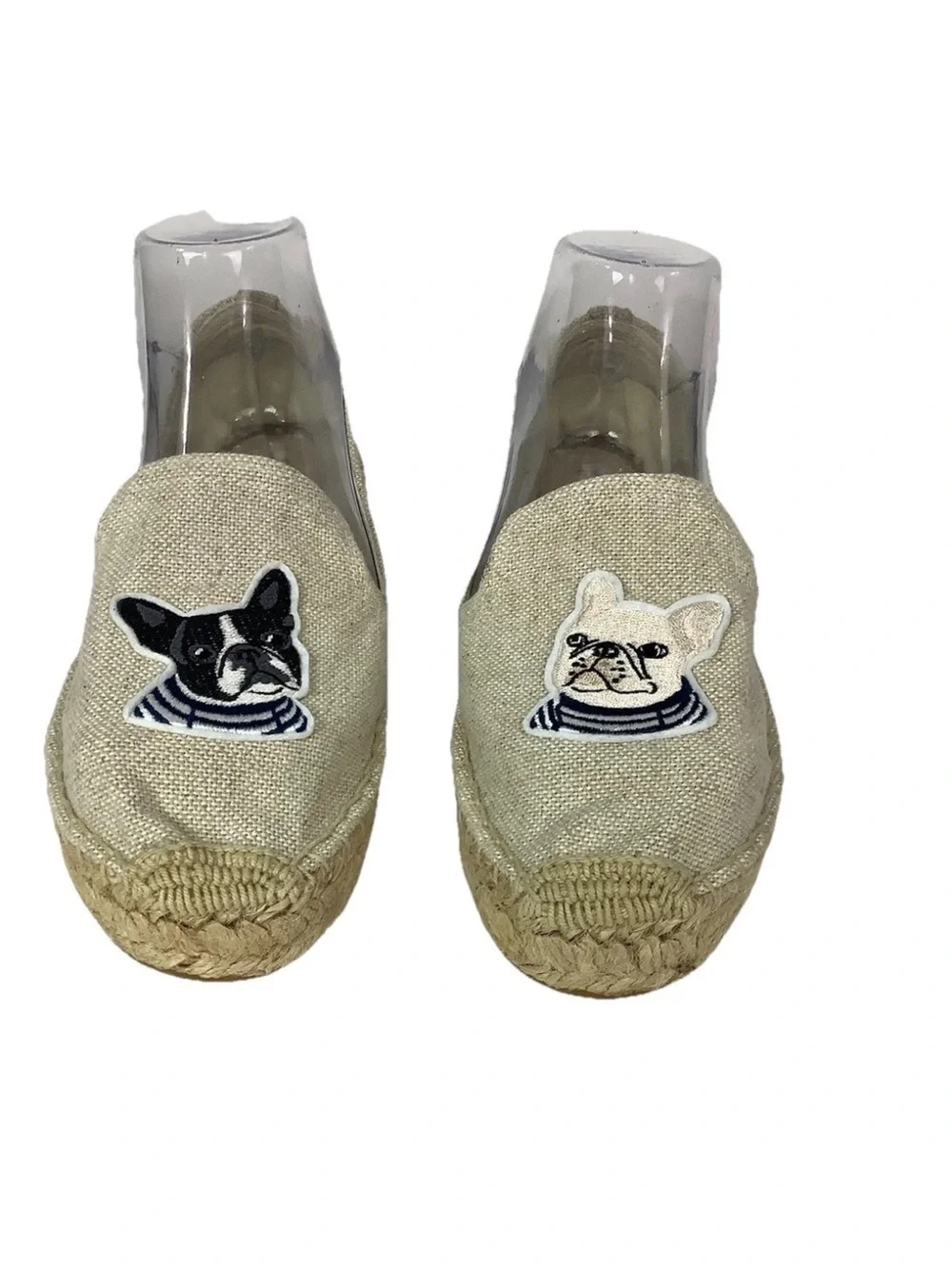 Soludos Women's Sz 8.5 French Bulldog Embroidered Espadrille Flats Tan Shoes